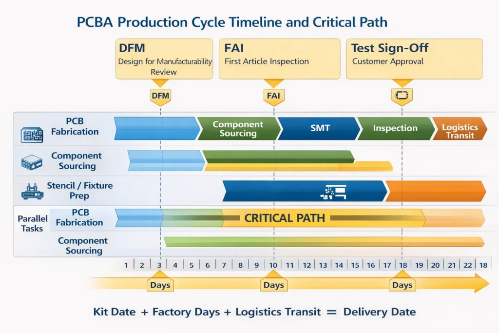 PCBA production cycle timeline showing PCB fabrication, component sourcing, SMT, inspection, testing, packing, and logistics, with parallel tasks and critical path highlights