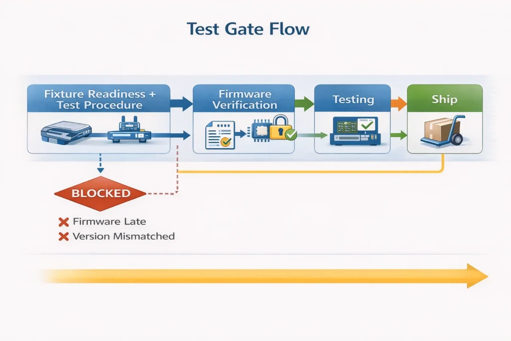 Flowchart showing PCBA testing dependencies including fixture readiness, test procedure, firmware verification, sign-off, and shipment release