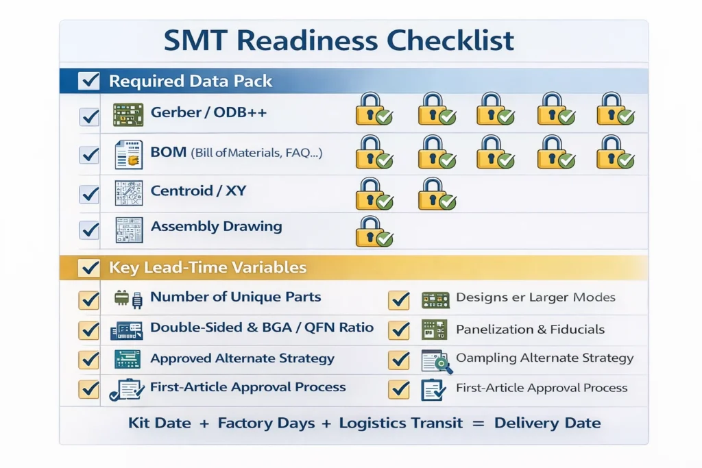 SMT readiness checklist showing required files (Gerber/ODB++, BOM, centroid, assembly drawing) and the key variables that affect SMT scheduling