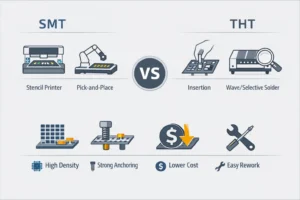 Split infographic showing SMT (paste, place, reflow) versus THT (insert, wave/selective solder) with key trade-offs: density, strength, cost, rework.