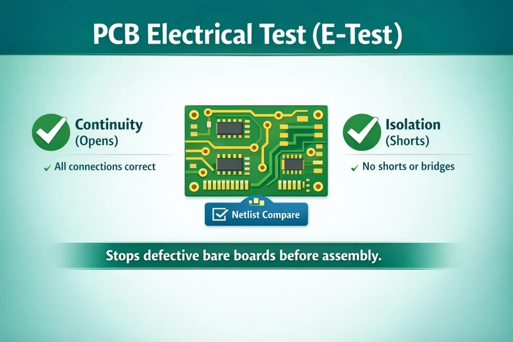 Infographic showing PCB electrical test (E-test) on bare boards: continuity for opens, isolation for shorts, and netlist comparison.