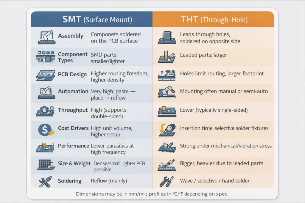 Visual comparison card of SMT vs THT across assembly method, automation, density, cost drivers, reliability factors, soldering, and rework.