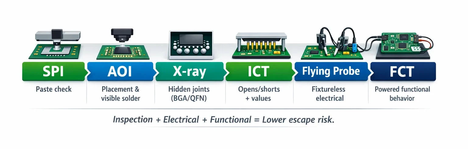 Infographic showing SPI, AOI, X-ray, ICT, flying probe, and FCT in a PCBA testing flow.
