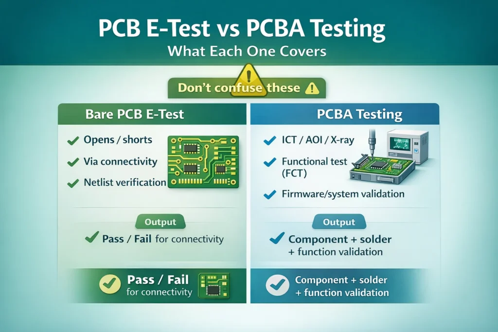 Two-column diagram comparing bare PCB electrical test (E-test) versus PCBA testing methods like ICT, AOI, X-ray, and functional test.