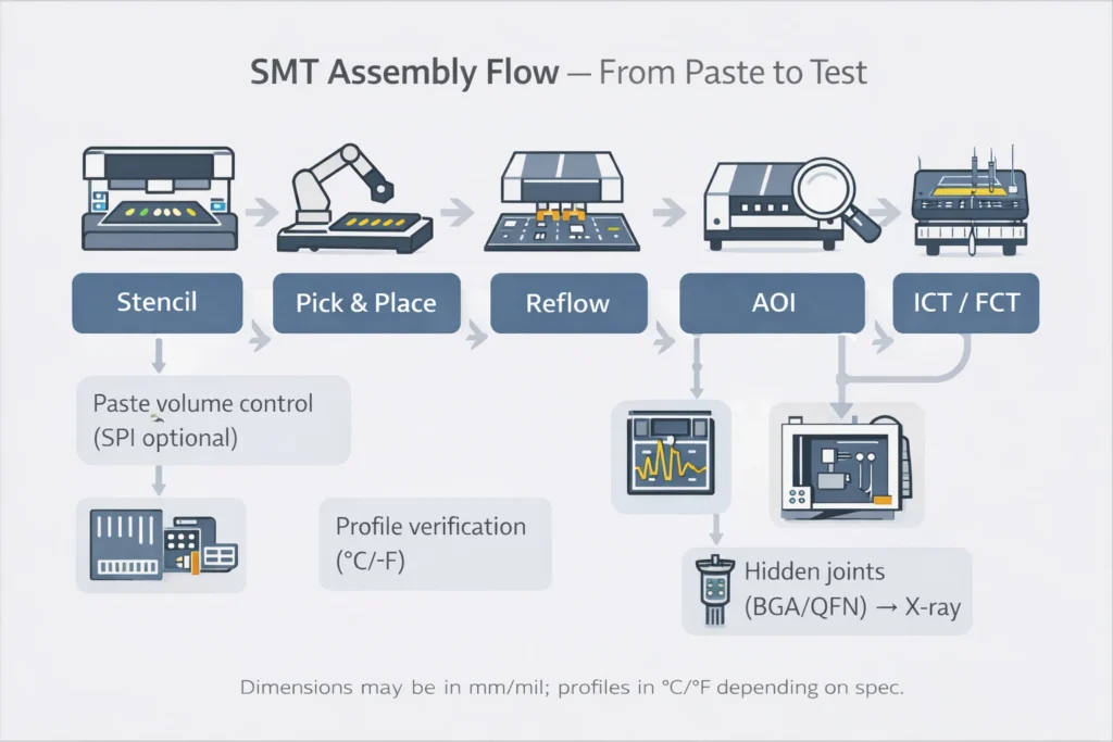 Flowchart of SMT assembly: stencil printing, pick-and-place, reflow, AOI, optional X-ray for BGA/QFN, then ICT/FCT.