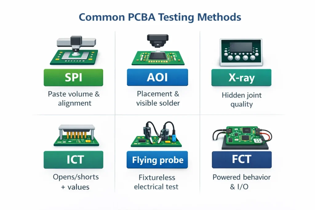 Six-icon grid listing SPI, AOI, X-ray, ICT, flying probe, and FCT with one-line purposes.