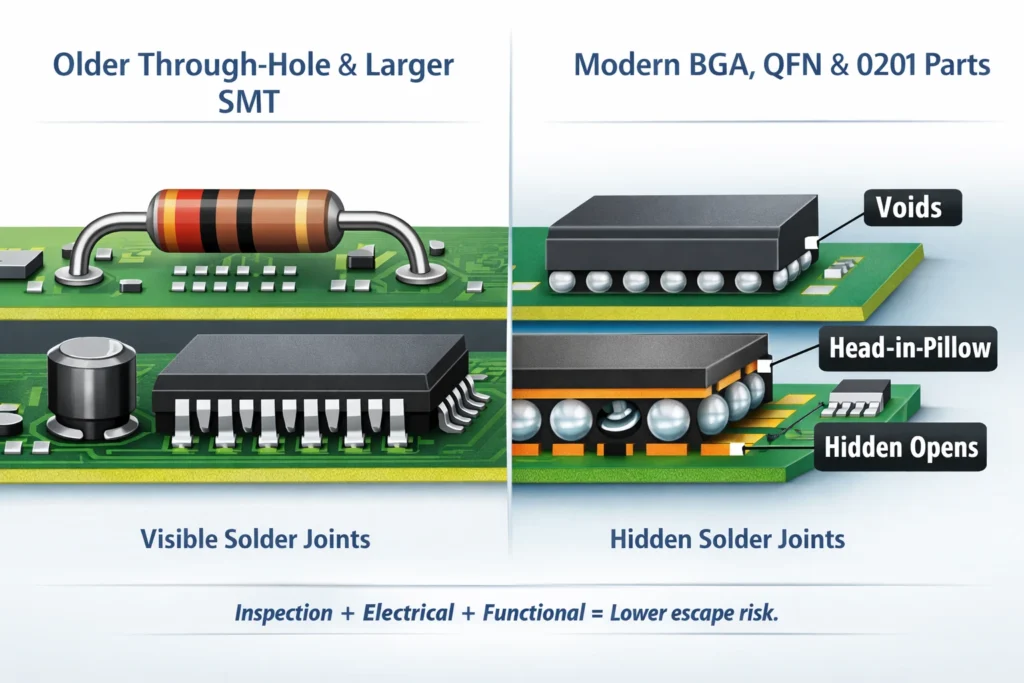 Split diagram comparing visible solder joints to hidden BGA/QFN joints with defect callouts.