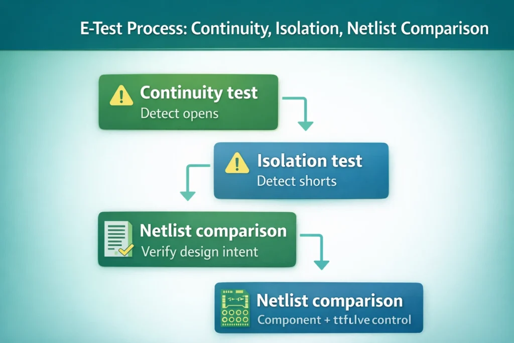 Flowchart of PCB E-test steps: continuity test for opens, isolation test for shorts, and netlist comparison for design verification.