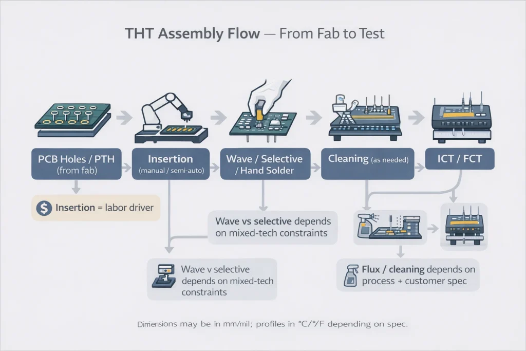 Flowchart of THT assembly: PTH holes, component insertion, wave/selective/hand solder, cleaning, inspection, and ICT/FCT.