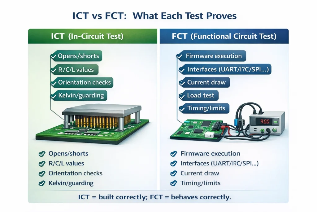 Side-by-side diagram showing ICT probing test points and FCT running powered tests with I/O and firmware.