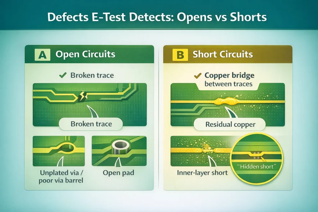 Illustration showing common PCB defects detected by E-test, including open traces, via plating opens, and copper bridging shorts.