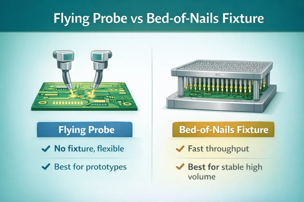 Side-by-side illustration comparing flying probe PCB electrical test to bed-of-nails fixture testing for bare-board E-test.