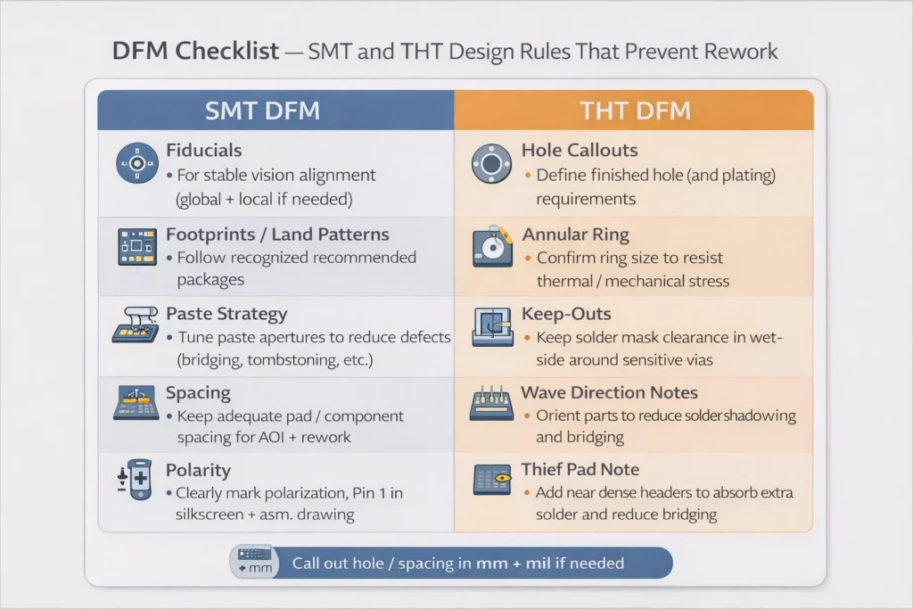 Two-column DFM checklist card for SMT and THT covering fiducials, land patterns, paste rules, spacing, hole callouts, keep-outs, and wave strategy notes.