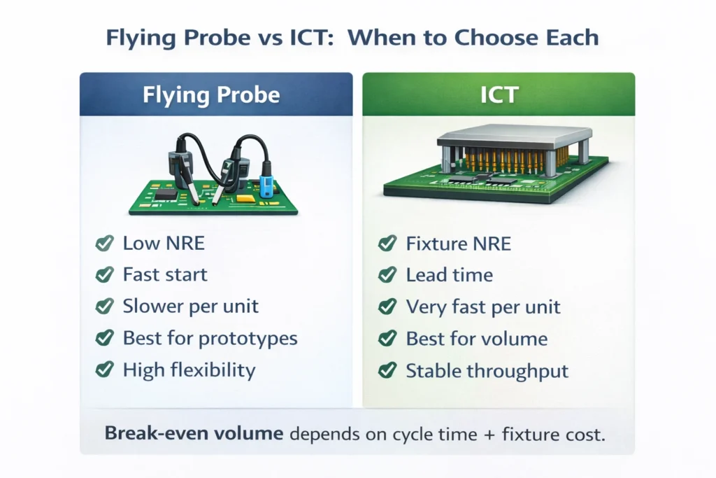 Comparison graphic showing flying probe advantages for prototypes and ICT advantages for high-volume throughput.