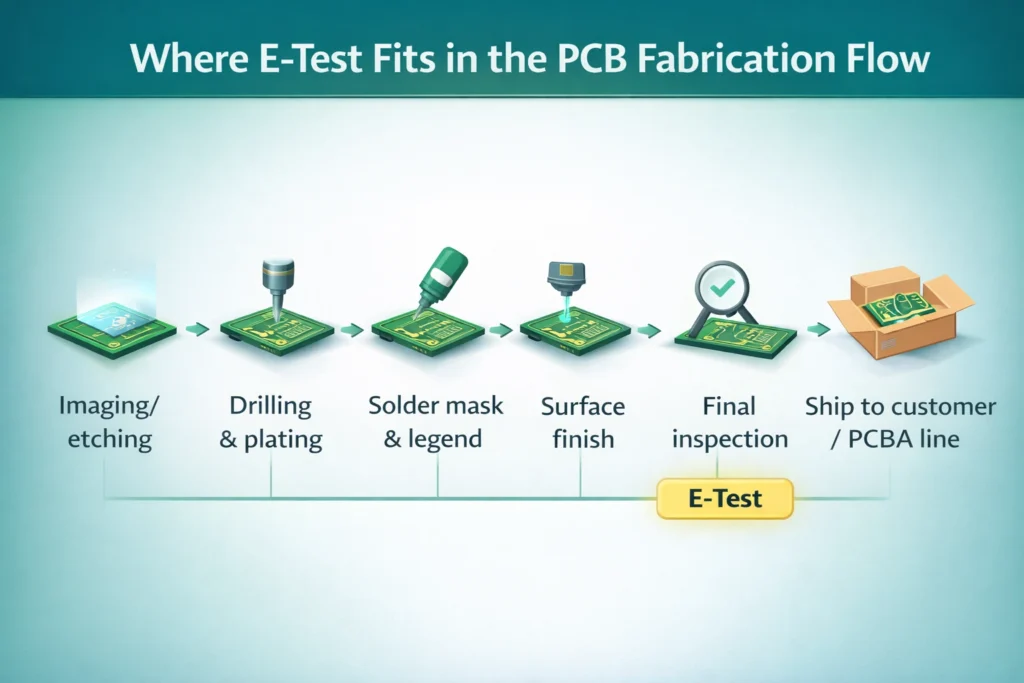Timeline showing PCB fabrication steps and where electrical test (E-test) occurs before shipment to assembly or customer.