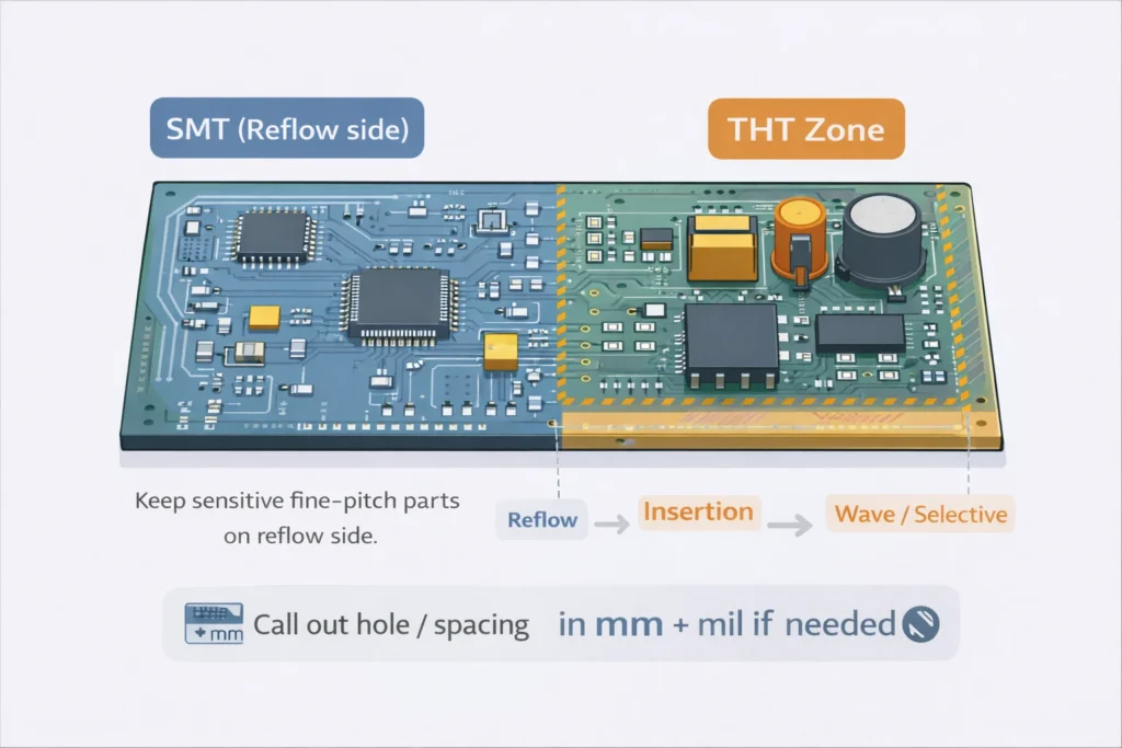Simplified PCB layout showing SMT zones, THT zones, keep-out areas for wave/selective solder, and the build sequence from reflow to insertion to solder.