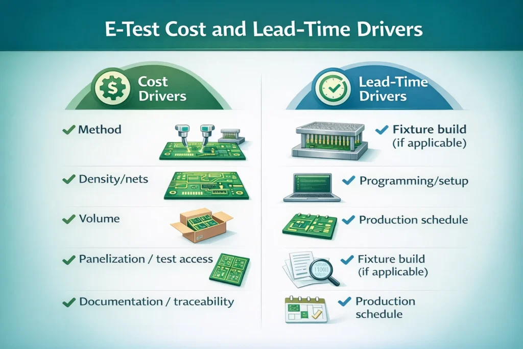 Diagram showing factors that affect PCB E-test cost and lead time, including test method, density, volume, fixture build, and programming.