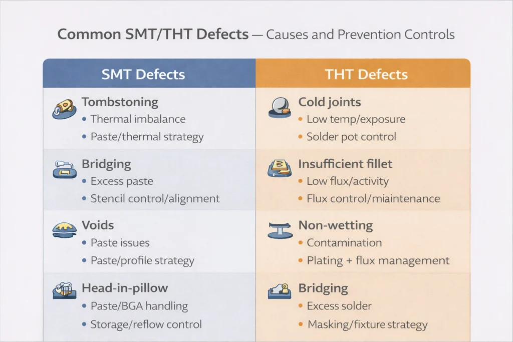 Chart listing common SMT and THT solder defects with main causes and the key process controls used to prevent them.