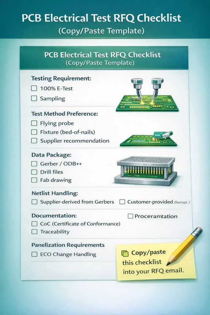 RFQ checklist template for PCB electrical test, including 100% E-test requirement, method choice, data files, netlist handling, and documentation needs.