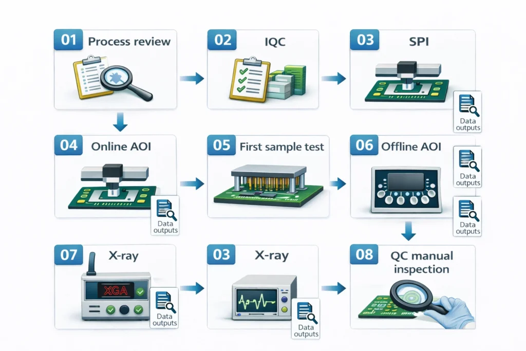 Flowchart showing the PCBAgroup testing process steps from process review and IQC through AOI, X-ray, and QC.