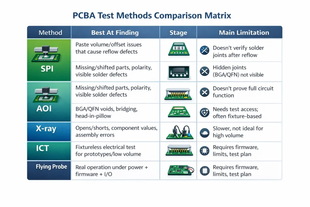 Matrix comparing six PCBA test methods by what they detect, when used, and main limitations.