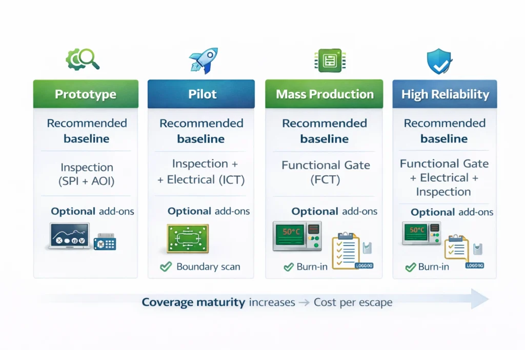 Roadmap showing recommended test methods for prototype, pilot, mass production, and high reliability stages.