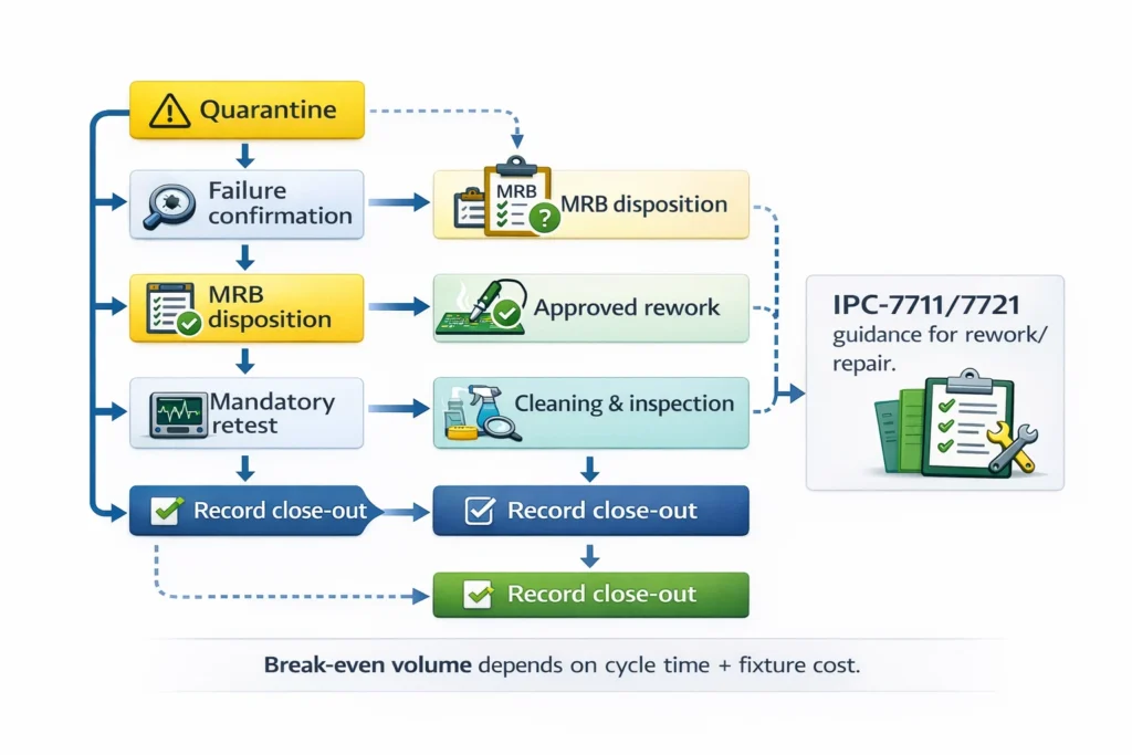 Workflow diagram showing quarantine, analysis, MRB, rework, cleaning, retest, and record close-out steps.