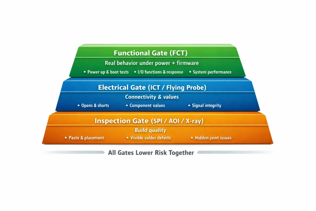 Three-layer diagram showing inspection, electrical testing, and functional testing as separate QA gates.