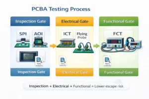 Infographic showcasing the three stages of PCBA testing: Inspection (SPI/AOI/X-ray), Electrical (ICT/Flying Probe), and Functional (FCT).