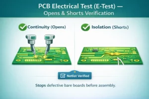 PCB electrical test (E-Test) verifying continuity (opens) and isolation (shorts) on a bare printed circuit board before assembly