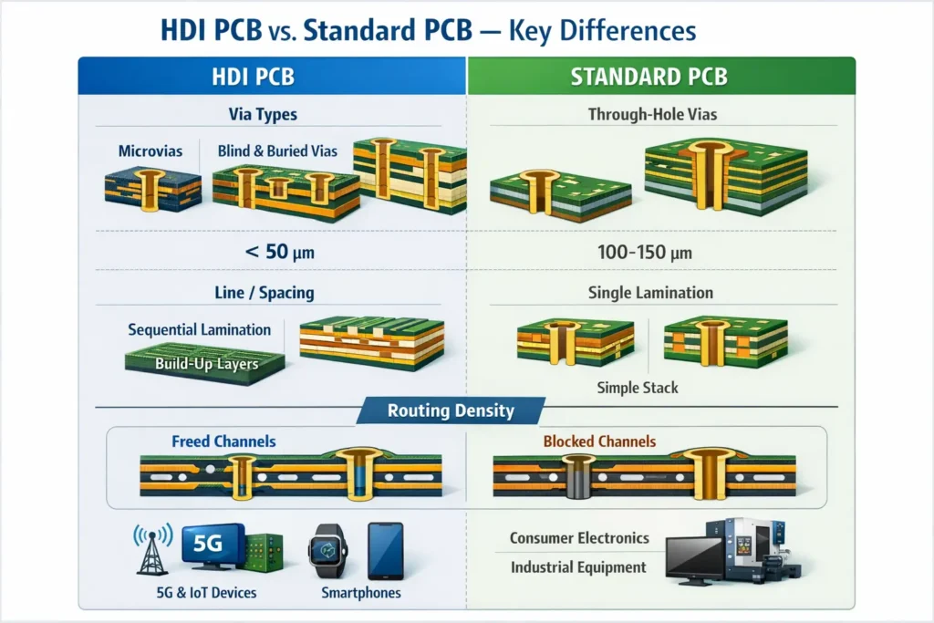 Comparison chart showing HDI vs standard PCB: microvias and sequential lamination vs through-holes and single lamination.