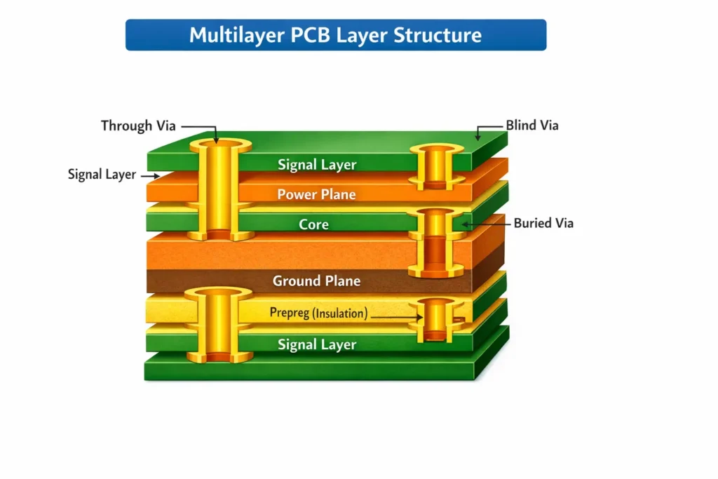 Illustration showing the structure of a multilayer PCB, with labeled signal layers, power planes, ground planes, and vias.