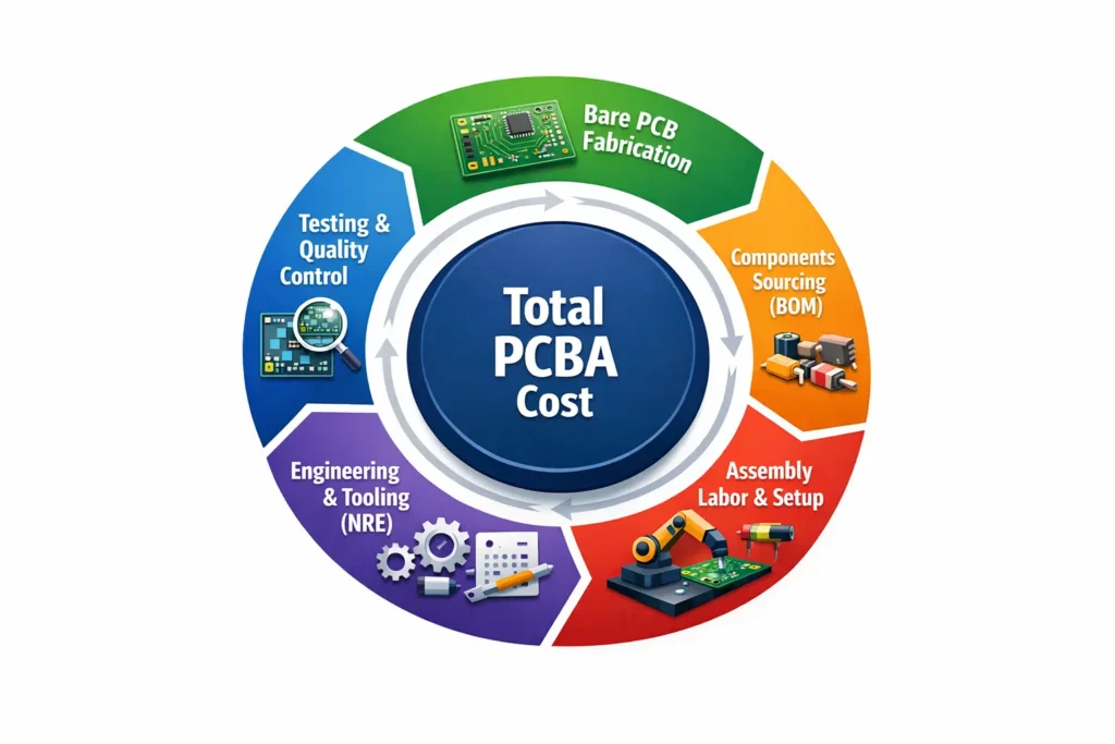 Infographic showing the five main elements of PCB assembly cost including bare PCB fabrication, BOM sourcing, assembly labor, testing, and NRE tooling