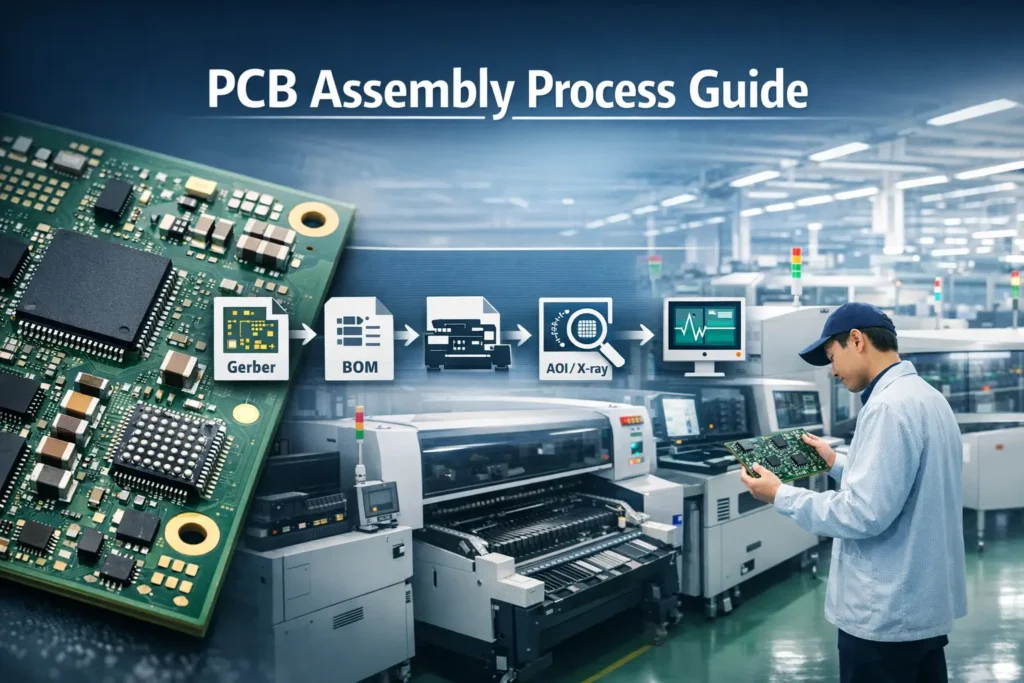 Side-by-side comparison of a bare PCB and a fully assembled PCBA with electronic components installed
