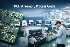 Side-by-side comparison of a bare PCB and a fully assembled PCBA with electronic components installed