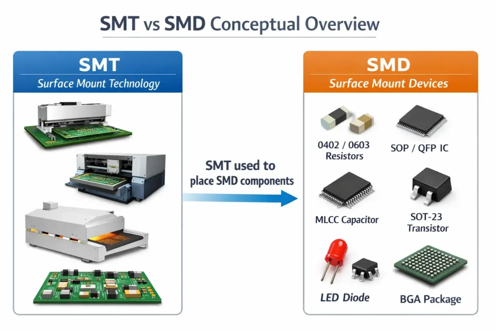 SMT assembly process on the left and SMD components on the right, illustrating their relationship.