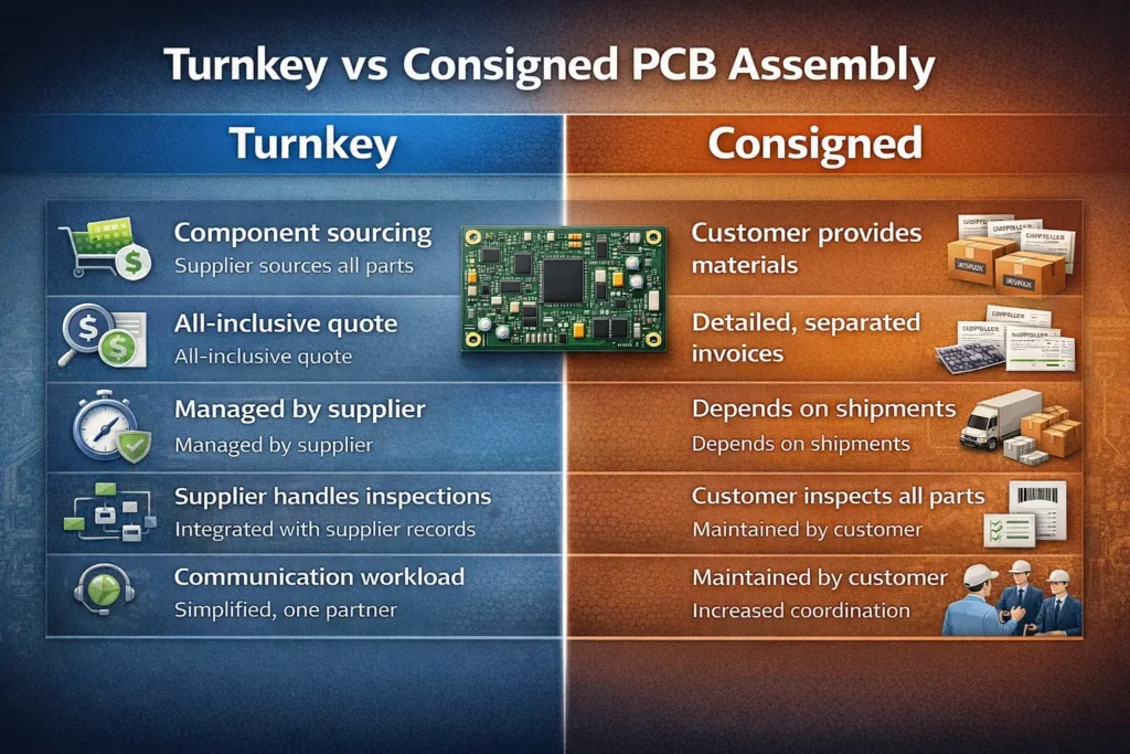 Infographic comparing turnkey and consigned PCB assembly across sourcing, lead time, quality control, traceability, and communication workload