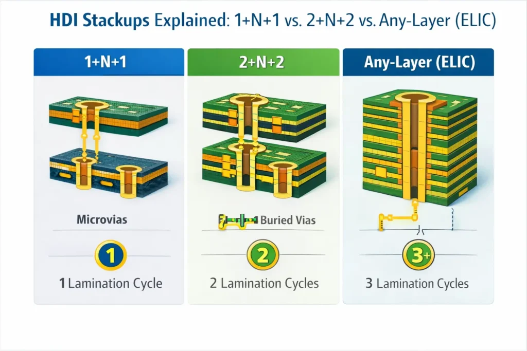 Diagram of HDI stackups showing 1+N+1, 2+N+2, and any-layer ELIC microvia interconnect paths.