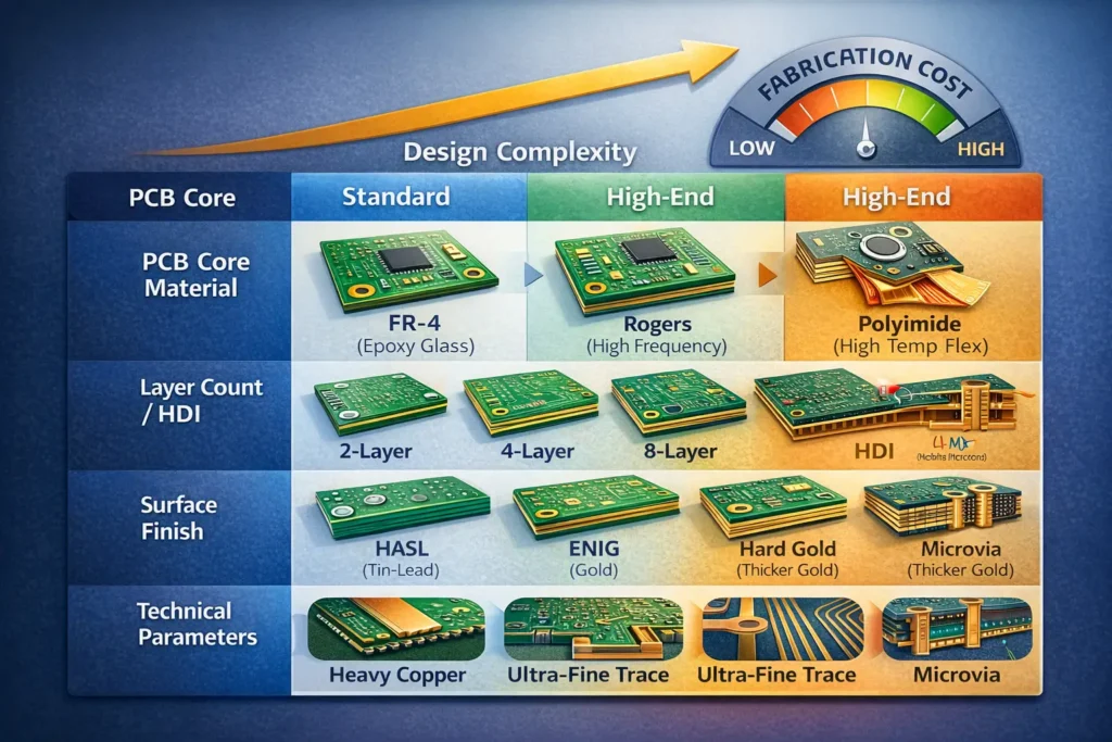 Comparison chart showing how PCB material, layer count, surface finish, copper thickness, and HDI features affect fabrication cost