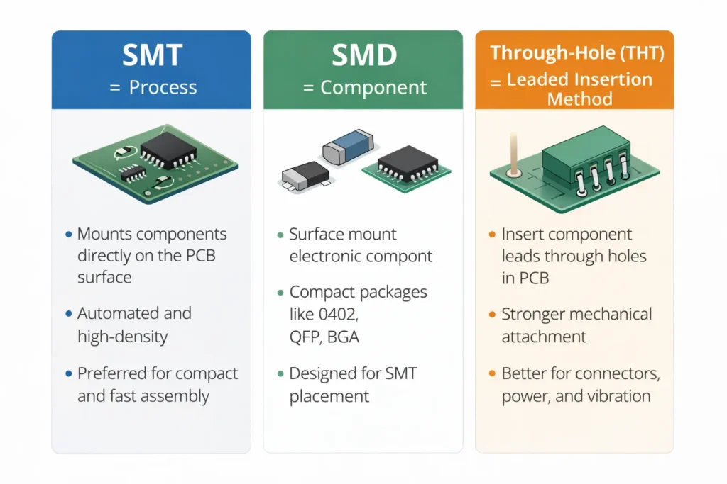 Comparison chart showing the difference between SMT process, SMD components, and through-hole PCB assembly