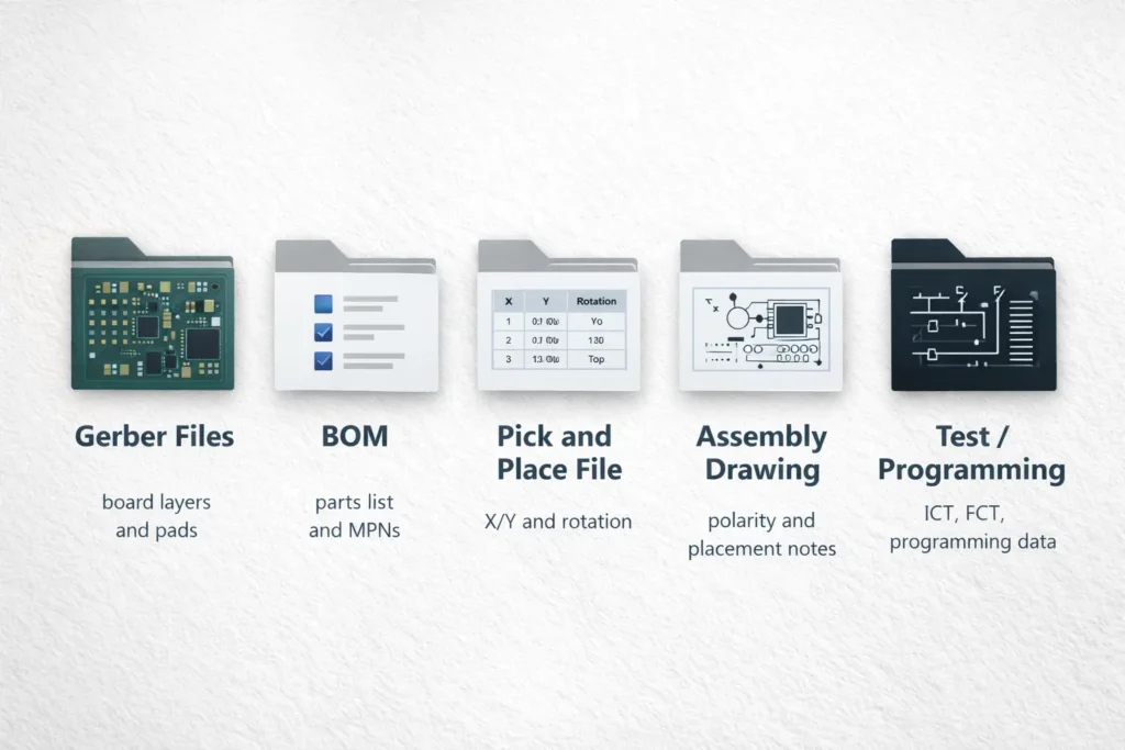 Infographic showing the required files for PCB assembly including Gerber, BOM, centroid, assembly drawing, and test files
