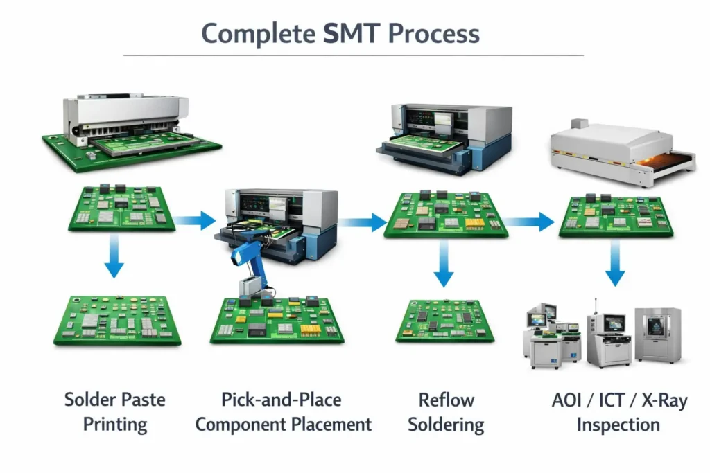 Step-by-step SMT assembly process showing solder paste printing, component placement, reflow soldering, and inspection.