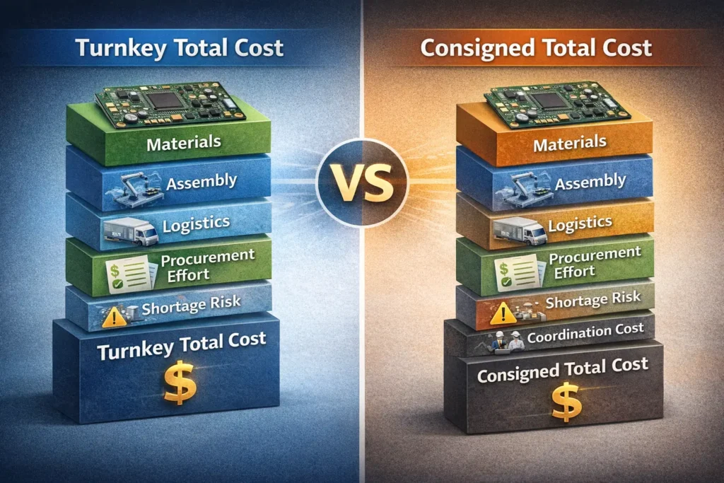 Cost infographic showing visible and hidden costs in turnkey versus consigned PCB assembly, including procurement labor, logistics, shortages, and line stoppage risk