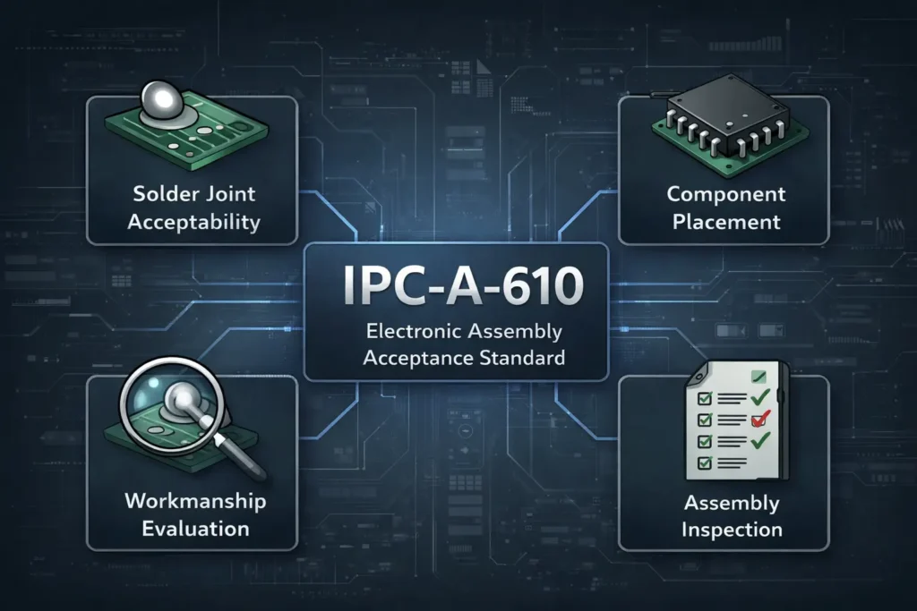 Infographic explaining IPC-A-610 as an electronic assembly acceptance standard covering solder joints, component placement, workmanship, and inspection.