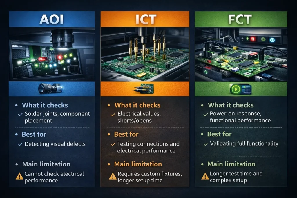 Three-column infographic comparing AOI, ICT, and FCT in PCB assembly testing by purpose, strengths, and limitations