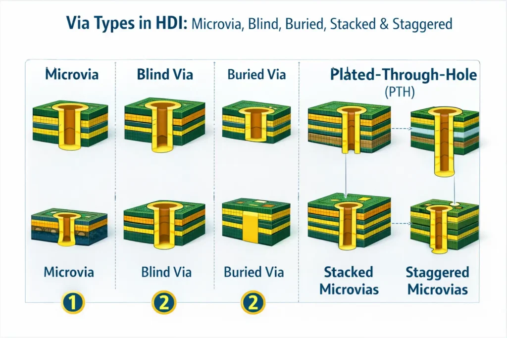 Illustration of HDI via types including microvias, blind/buried vias, through-hole vias, and stacked vs staggered microvias.