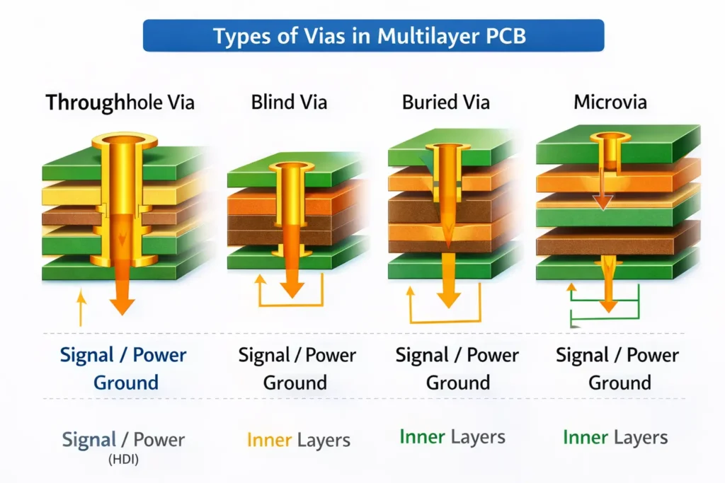 Diagram showing the different types of vias (through-hole, blind, buried, microvias) in a multilayer PCB design