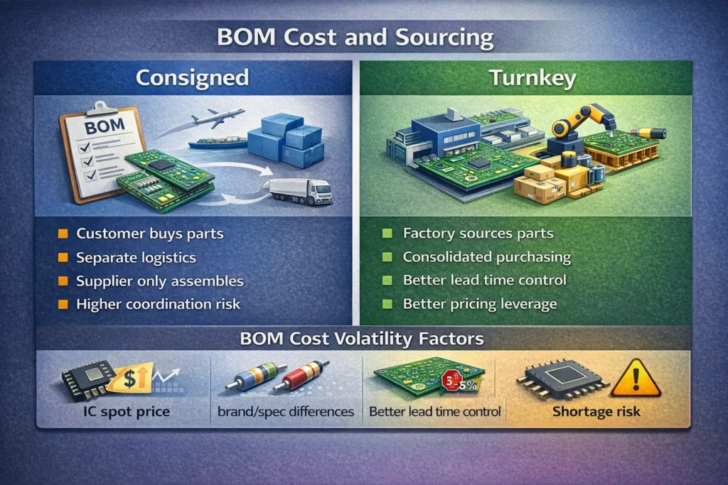Diagram comparing turnkey and consigned PCB assembly sourcing models and their impact on BOM cost, logistics, and supply chain efficiency