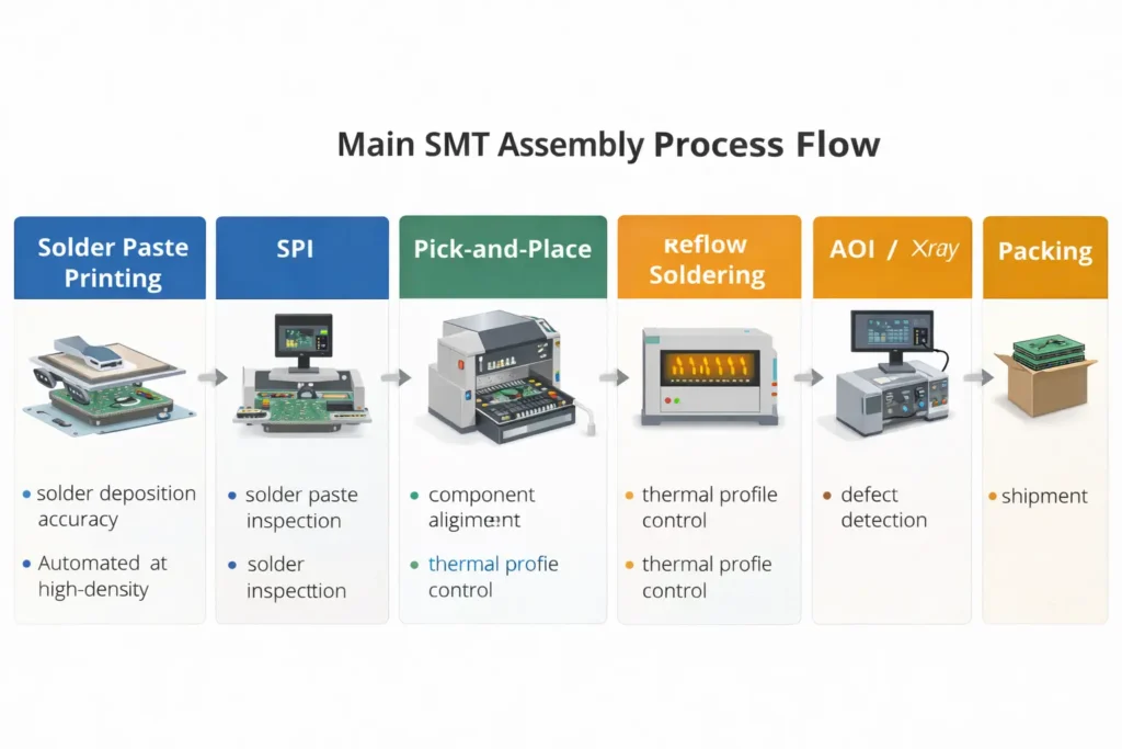 SMT assembly process flow from solder paste printing to inspection and electrical testing