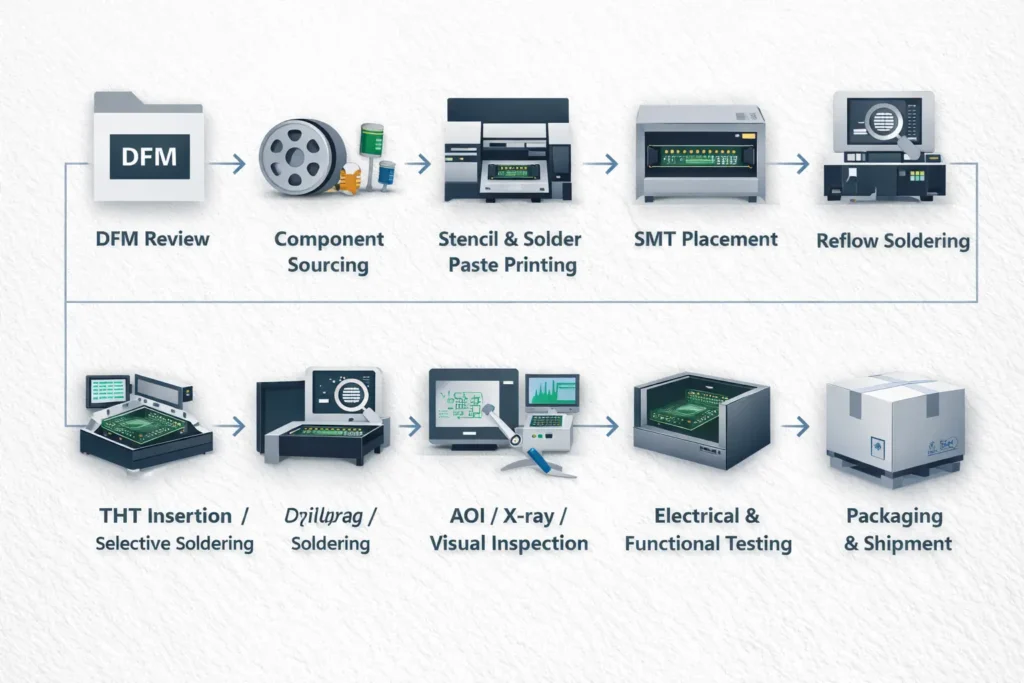 Step-by-step infographic of the PCB assembly process from engineering review and sourcing to SMT, inspection, testing, and shipment